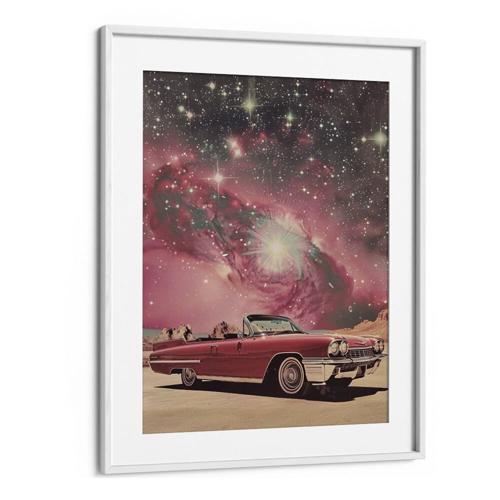 pink space car car poster in White Frame With Mount