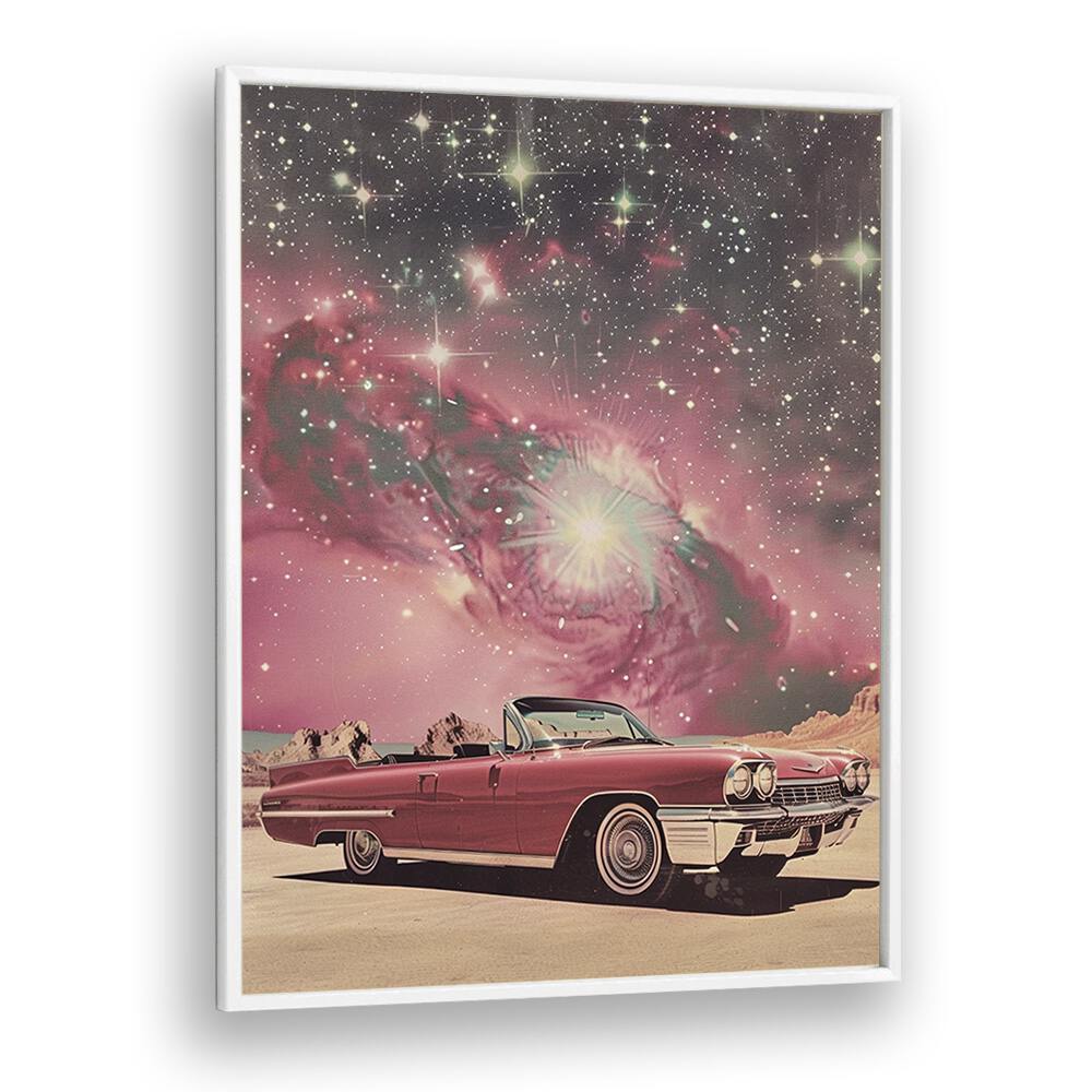 pink space car car poster in White Plain Frame