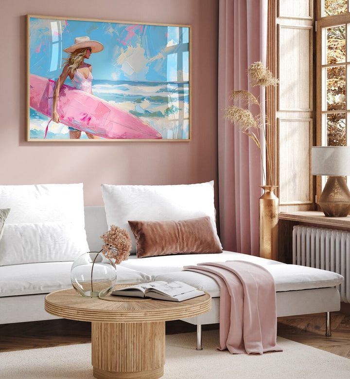 pink surfboard I electric wall art prints Artwork II placed on a Wall 