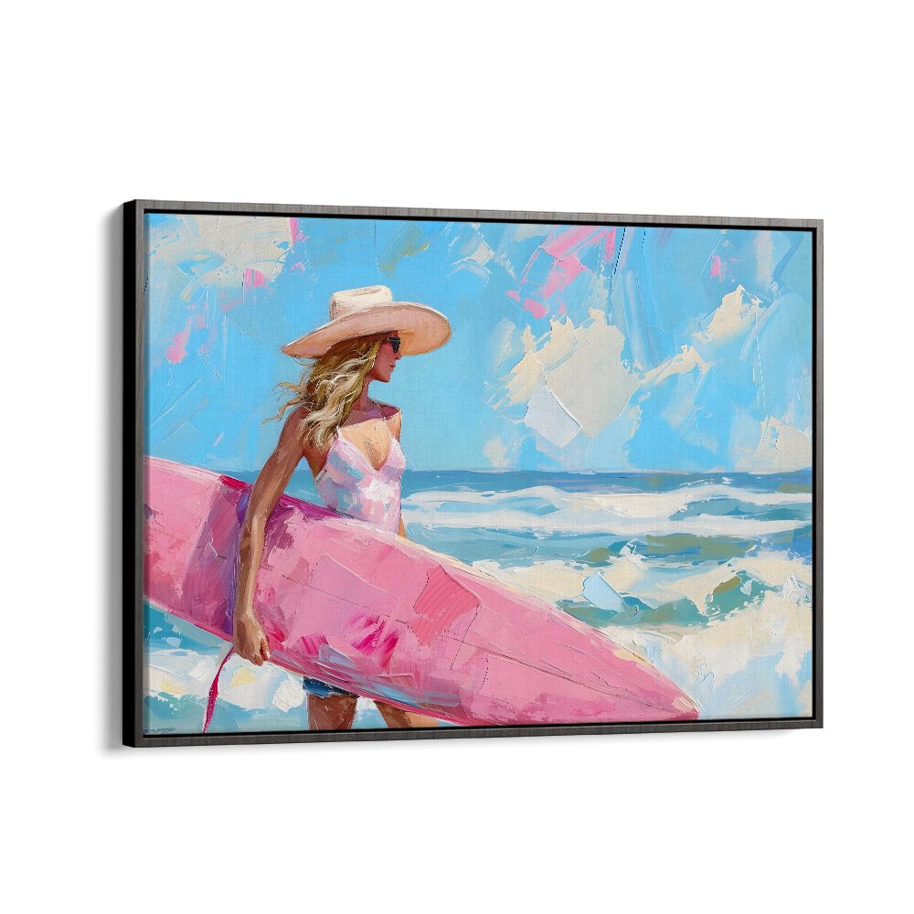 pink surfboard I electric wall art prints in Black Floater Frame