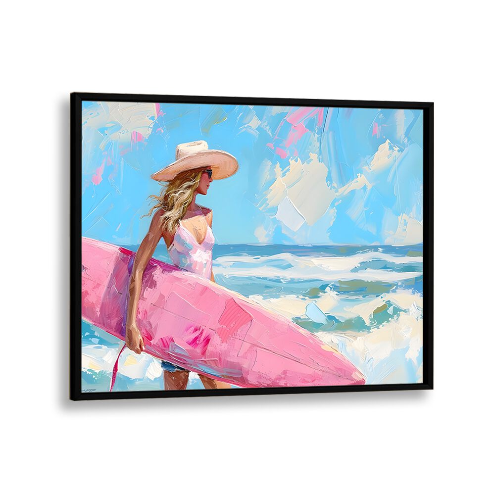 pink surfboard I electric wall art prints in Black Plain Frame