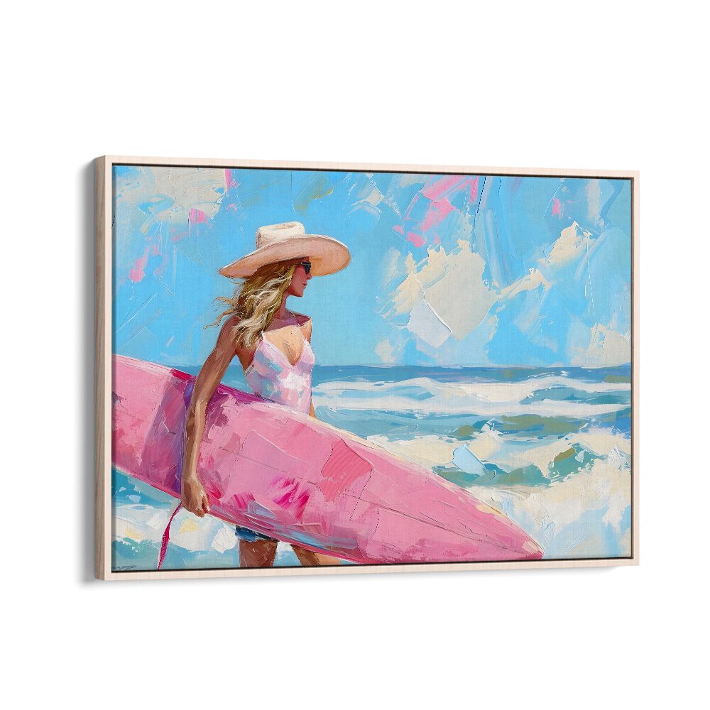 pink surfboard I electric wall art prints in Oak Wood Floater Frame