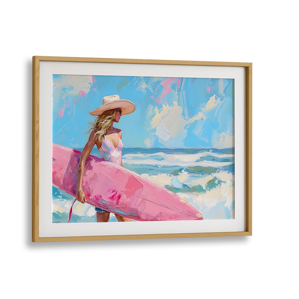 pink surfboard I electric wall art prints in Oak Wood Frame With Mount