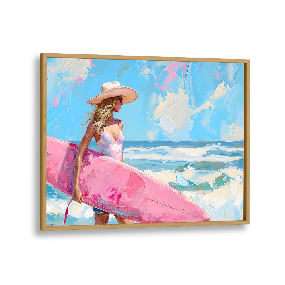 pink surfboard I electric wall art prints in Oak Wood Plain Frame