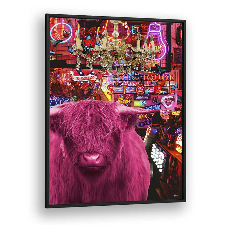 pinkie moo cow went to the disco by sue skellern wall art prints in Black Plain Frame