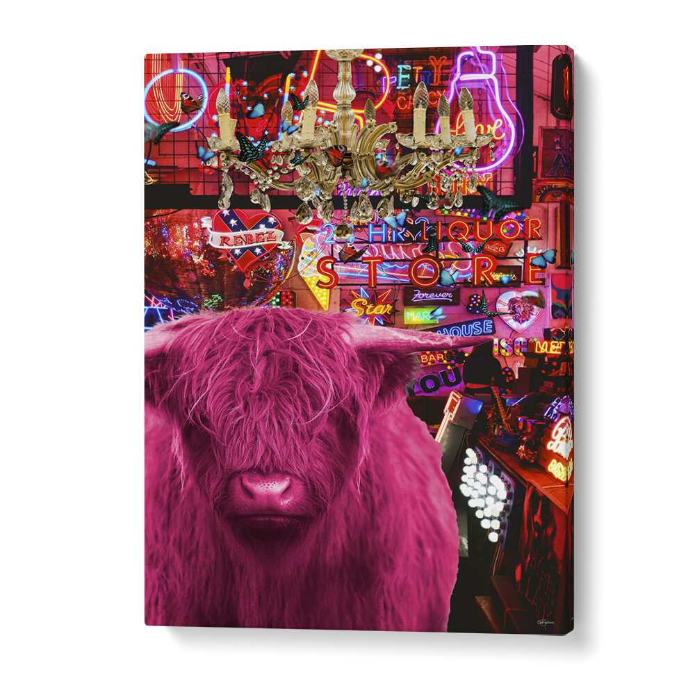 pinkie moo cow went to the disco by sue skellern wall art prints in Gallery Wrap