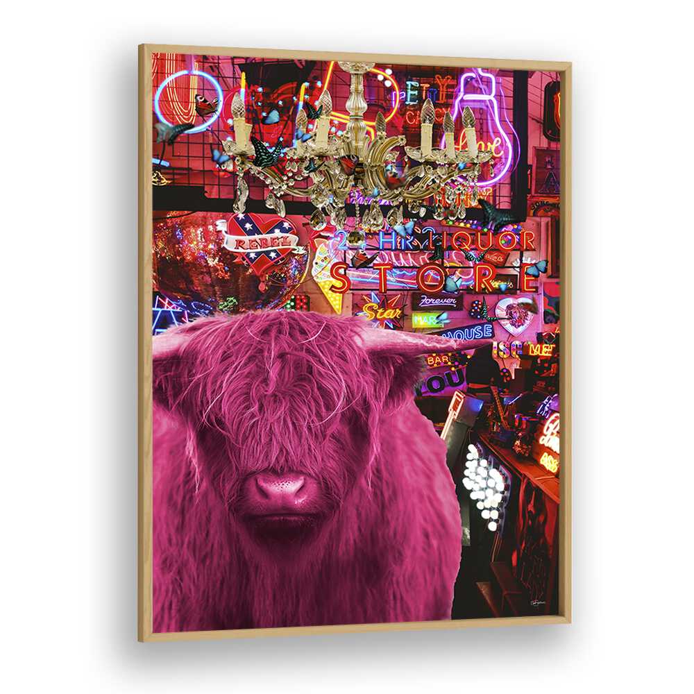 pinkie moo cow went to the disco by sue skellern wall art prints in Oak Wood Plain Frame