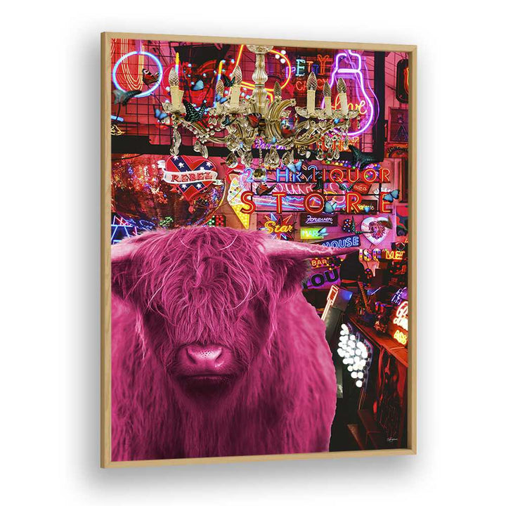 pinkie moo cow went to the disco by sue skellern wall art prints in Oak Wood Plain Frame