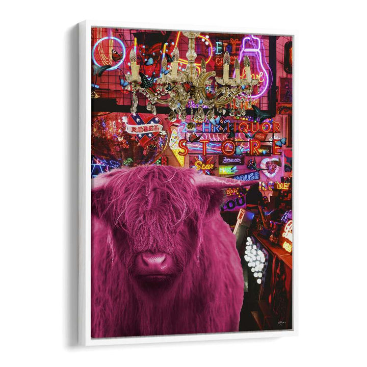 pinkie moo cow went to the disco by sue skellern wall art prints in White Floater Framek