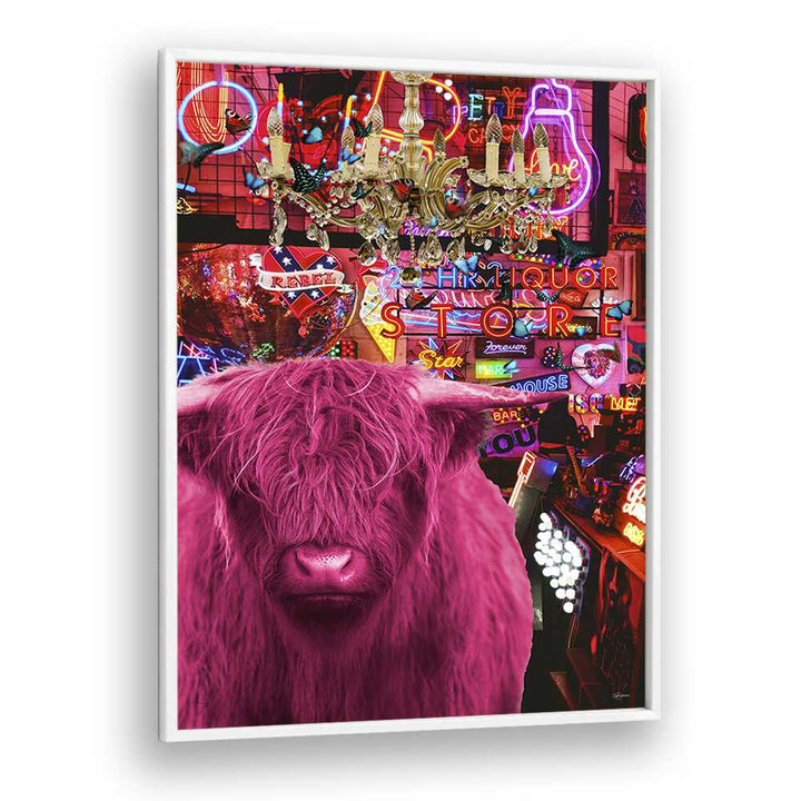 pinkie moo cow went to the disco by sue skellern wall art prints in White Plain Frame