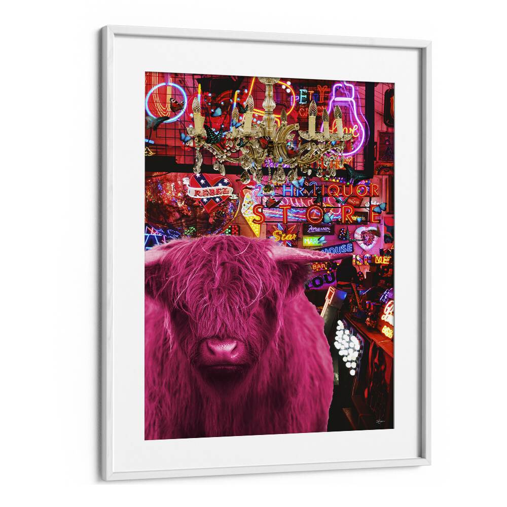 pinkie moo cow went to the discoby sue skellern wall art prints in White Frame With Mount