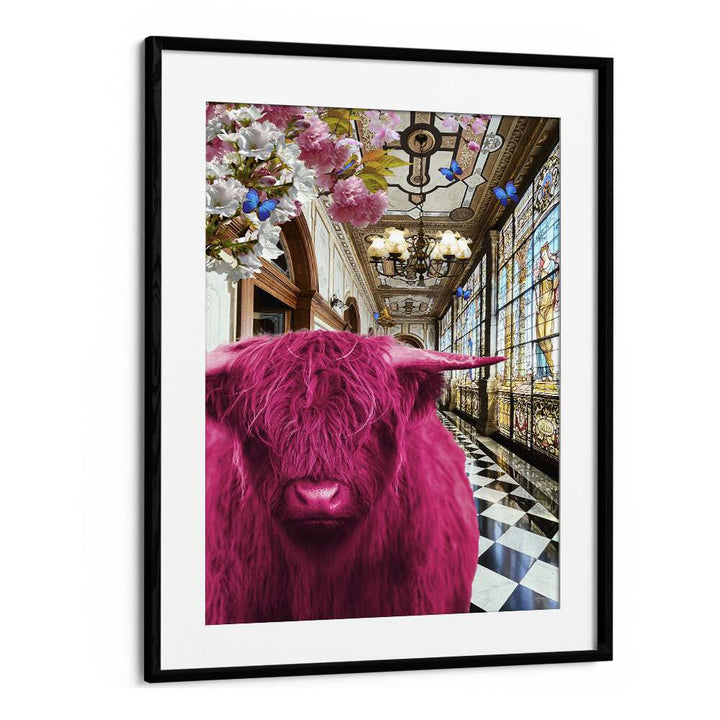 pinkie moo cow went to the palace by sue skellern wall art prints in Black Frame With Mount