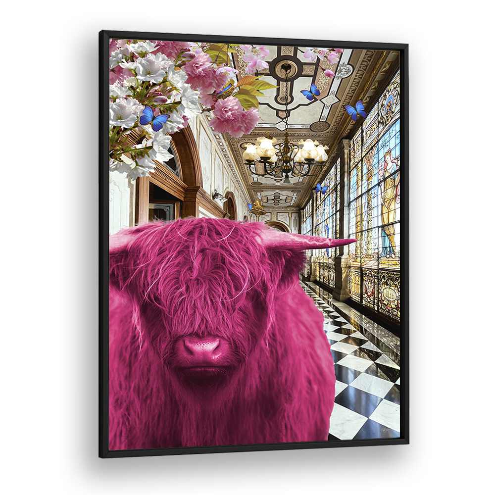 pinkie moo cow went to the palace by sue skellern wall art prints in Black Plain Frame