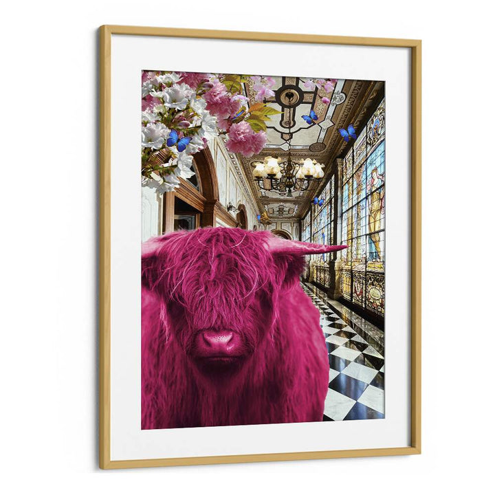 pinkie moo cow went to the palace by sue skellern wall art prints in Oak Wood Frame With Mount