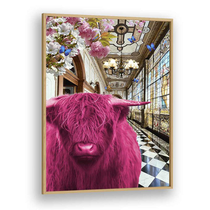 pinkie moo cow went to the palace by sue skellern wall art prints in Oak Wood Plain Frame