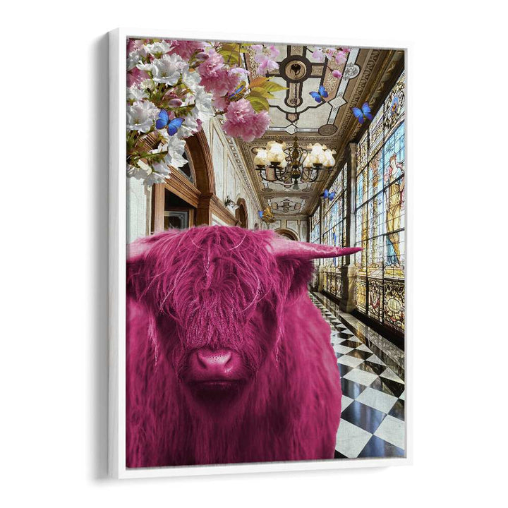 pinkie moo cow went to the palace by sue skellern wall art prints in White Floater Frame