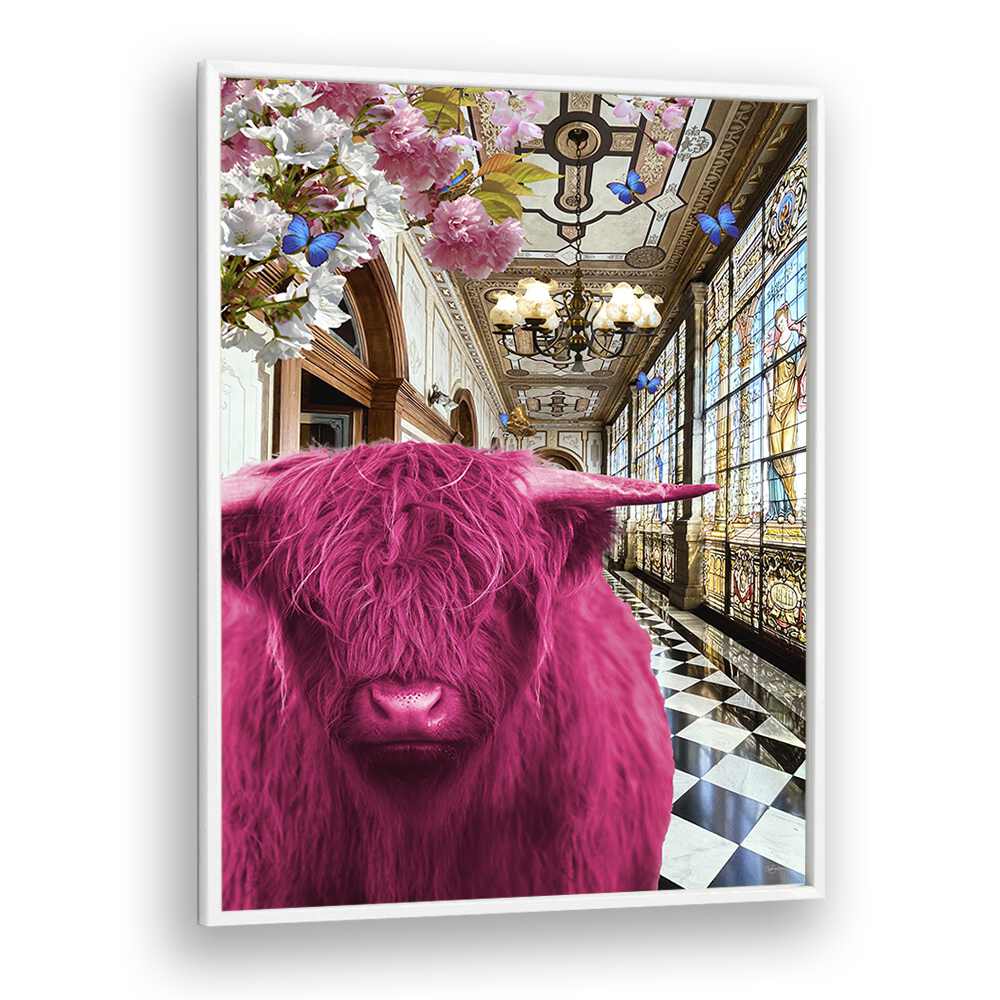 pinkie moo cow went to the palace by sue skellern wall art prints in White Plain Frame