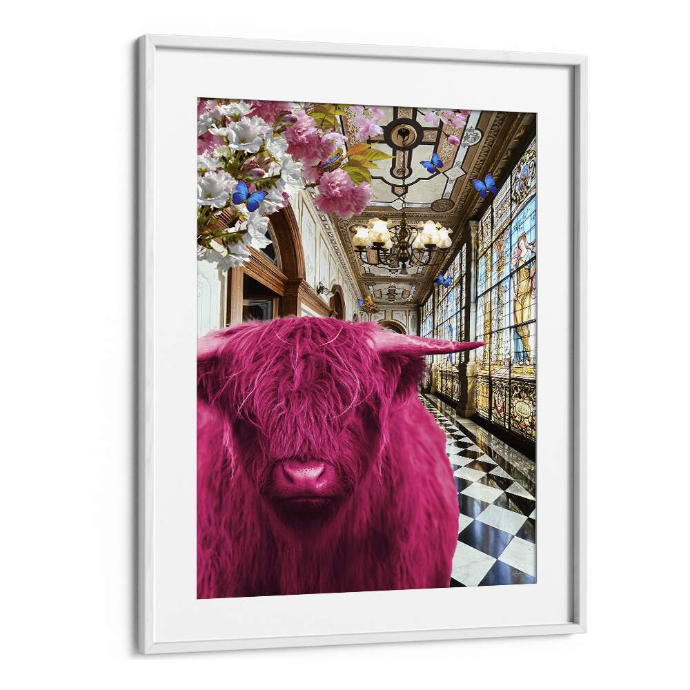 pinkie moo cow went to the palaceby sue skellern wall art prints in White Frame With Mount