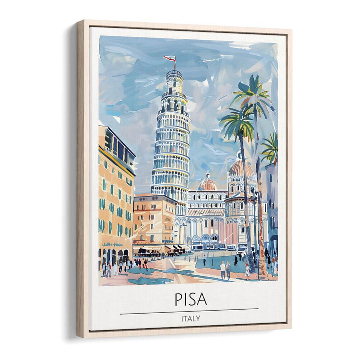 pisa tower-italy travel posters in Oak Wood Floater Frame