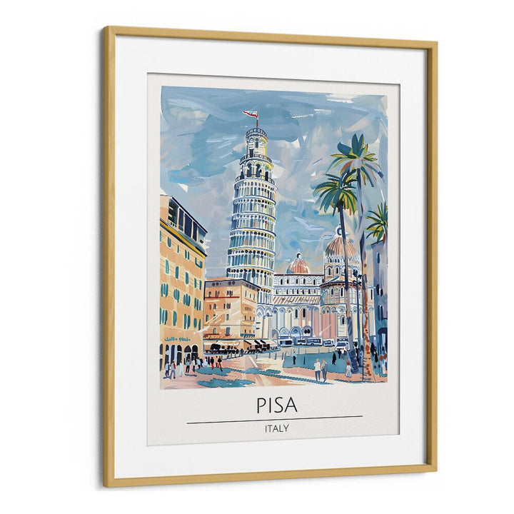 pisa tower-italy travel posters in Oak Wood Frame With Mount