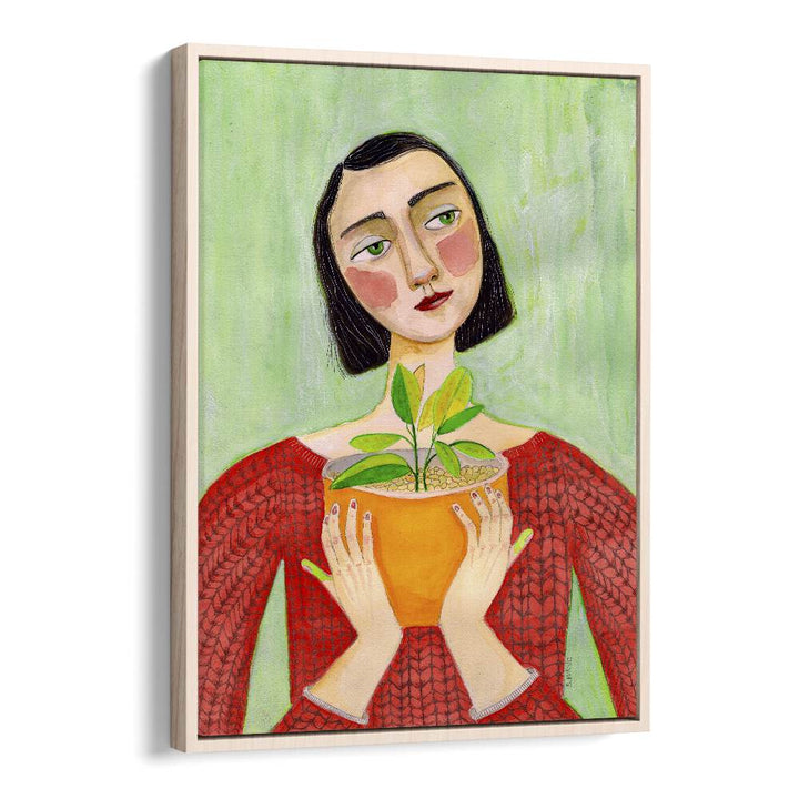 plant mum women illustration paintings in Oak Wood Floater Frame