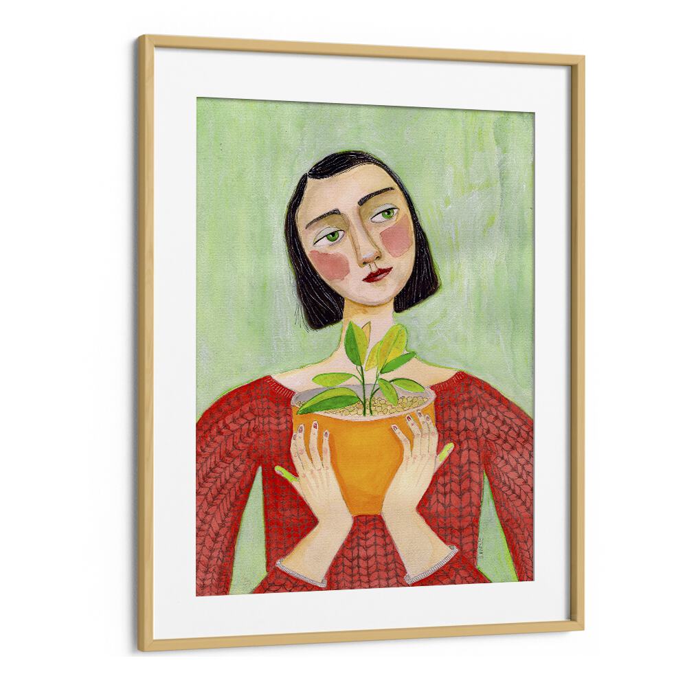 plant mum women illustration paintings in Oak Wood Frame With Mount