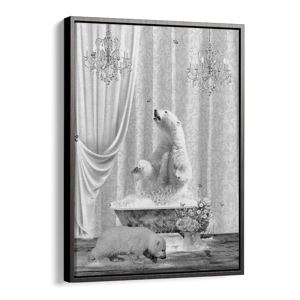 polar bears a bubbles black a white by sue skellern wall art prints in Black Floater Frame