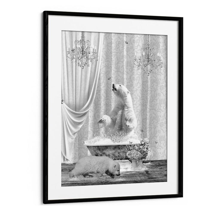 polar bears a bubbles black a white by sue skellern wall art prints in Black Frame With Mount