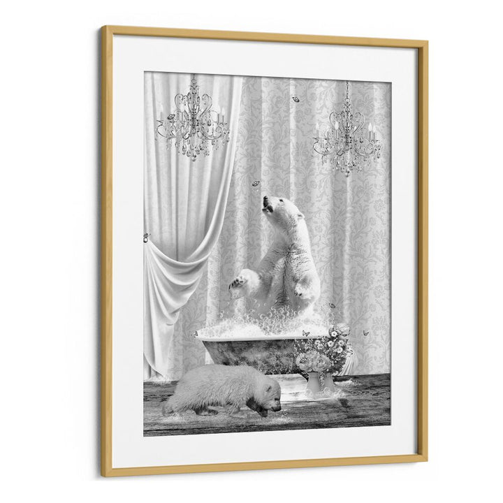 polar bears a bubbles black a white by sue skellern wall art prints in Oak Wood Frame With Mount