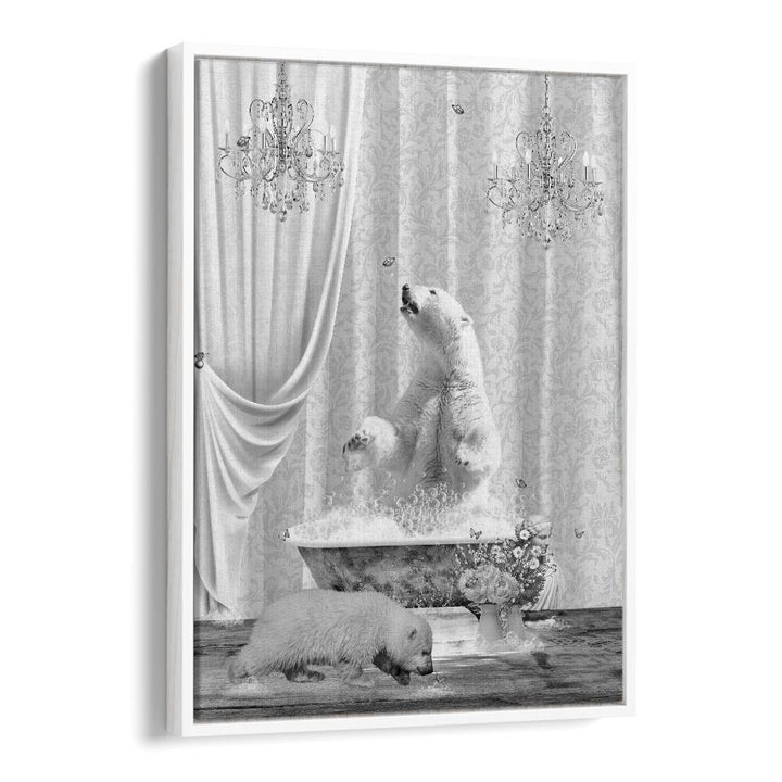 polar bears a bubbles black a white by sue skellern wall art prints in White Floater Frame