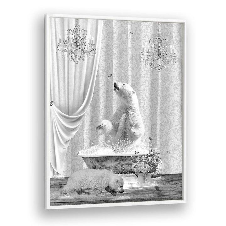 polar bears a bubbles black a white by sue skellern wall art prints in White Plain Frame