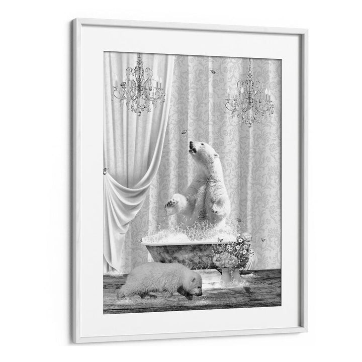 polar bears a bubbles black a whiteby sue skellern wall art prints in White Frame With Mount