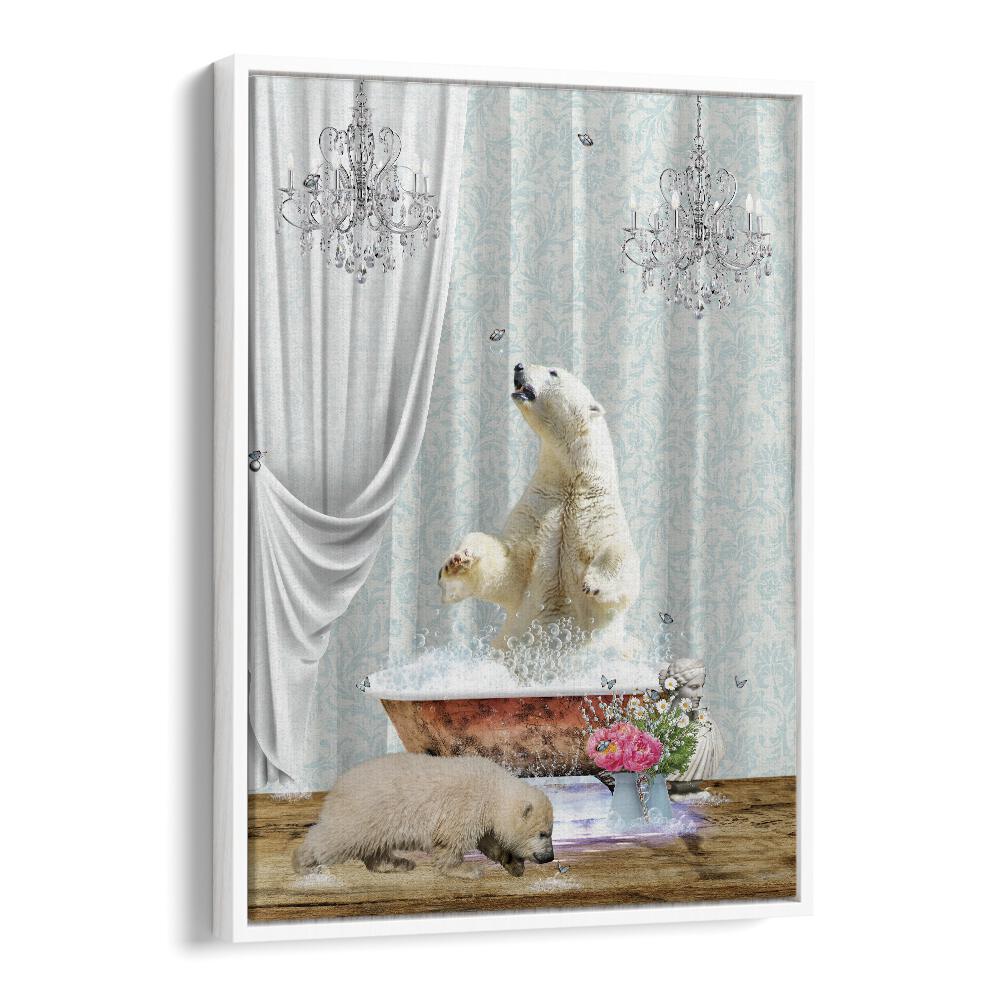 polar bears a bubbles by sue skellern wall art prints in White Floater Frame