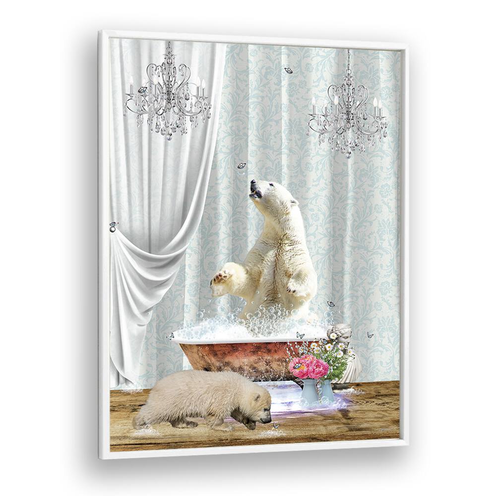 polar bears a bubbles by sue skellern wall art prints in White Plain Frame