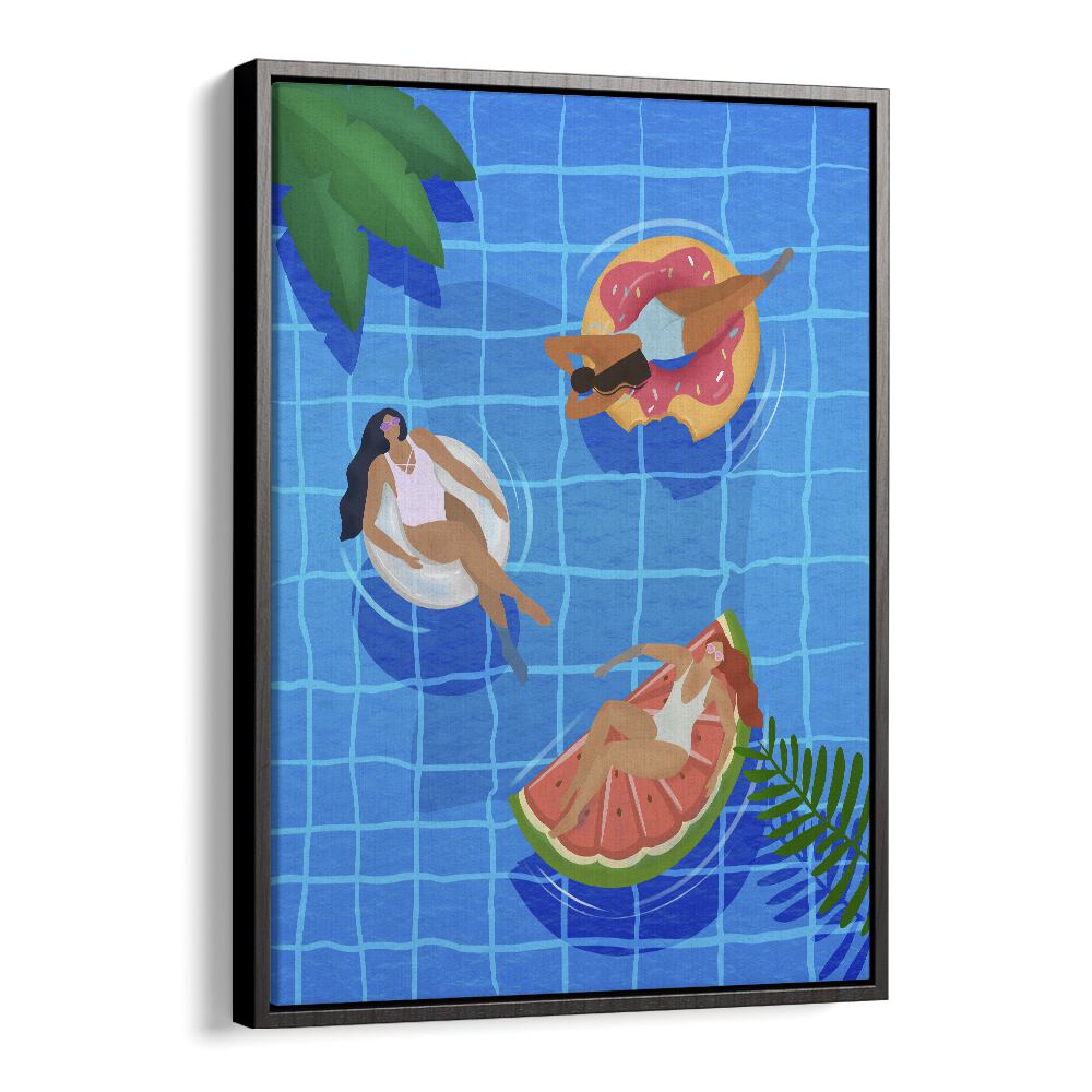 pool ladies by petra lidze wall art prints in Black Floater Frame