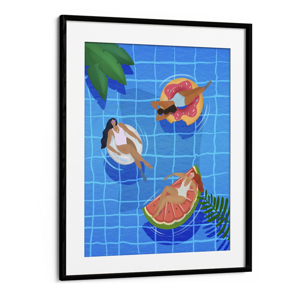 pool ladies by petra lidze wall art prints in Black Frame With Mount