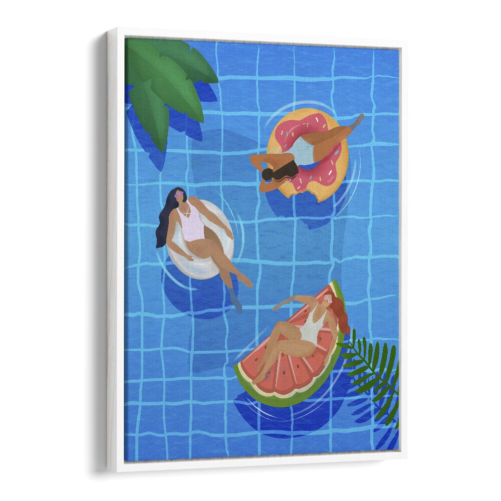 pool ladies by petra lidze wall art prints in White Floater Frame