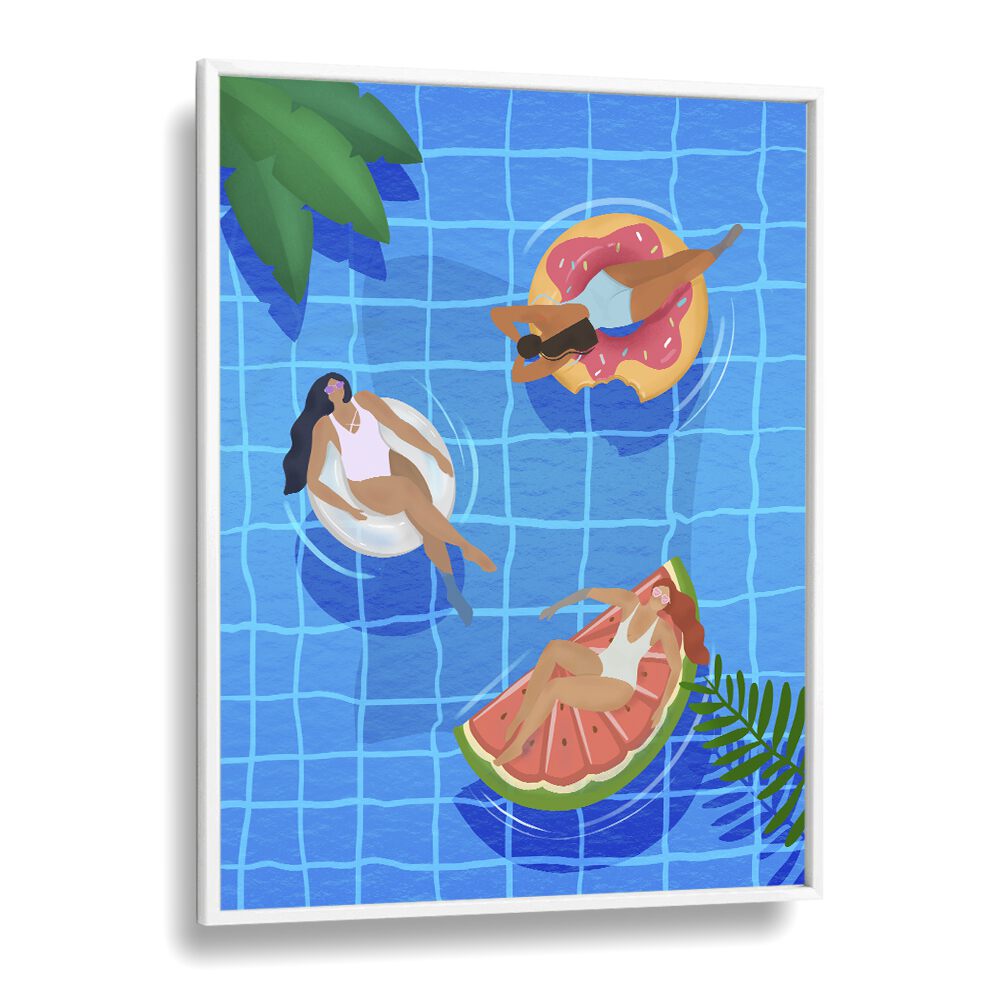 pool ladies by petra lidze wall art prints in White Plain Frame