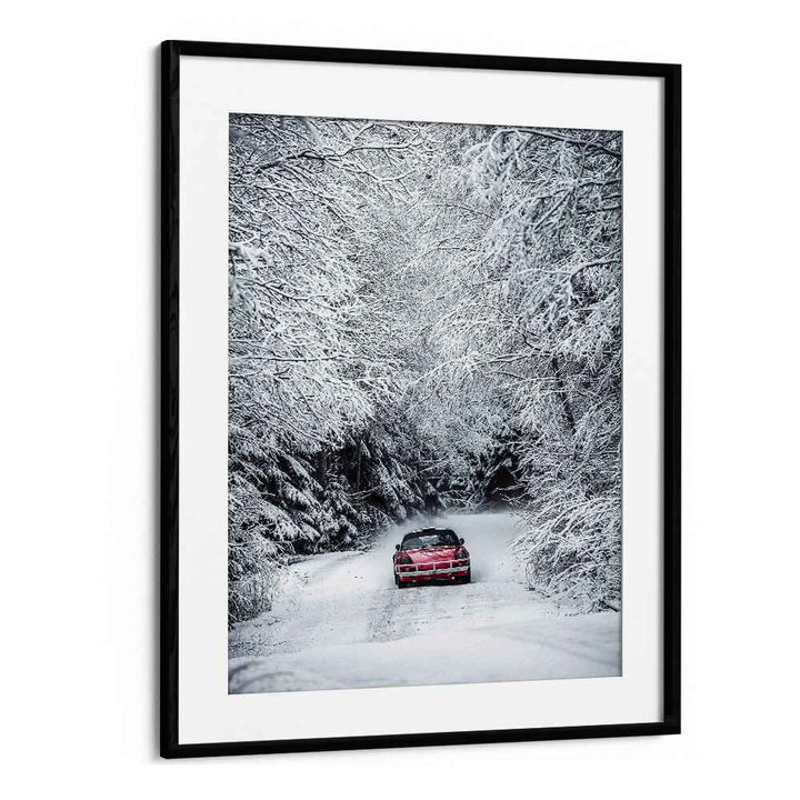 porsche in snow car poster in Black Frame With Mount