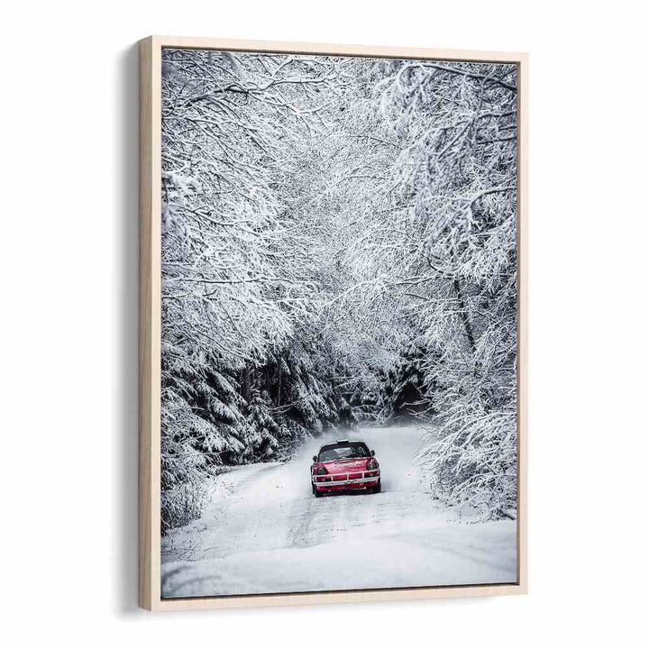 porsche in snow car poster in Oak Wood Floater Frame