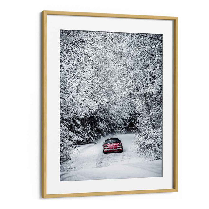 porsche in snow car poster in Oak Wood Frame With Mount