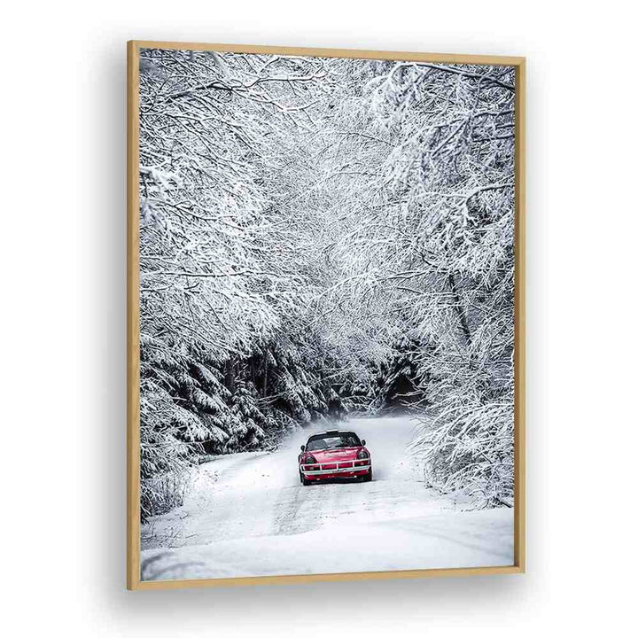 porsche in snow car poster in Oak Wood Plain Frame