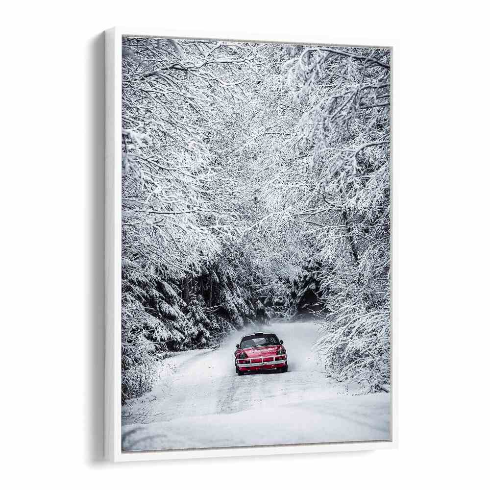 porsche in snow car poster in White Floater Frame