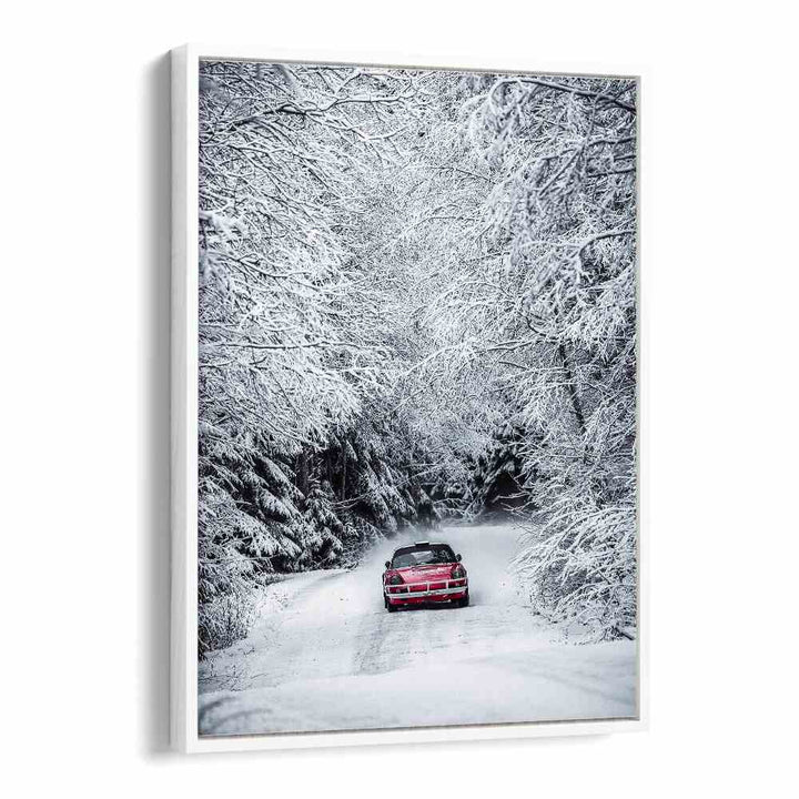 porsche in snow car poster in White Floater Frame