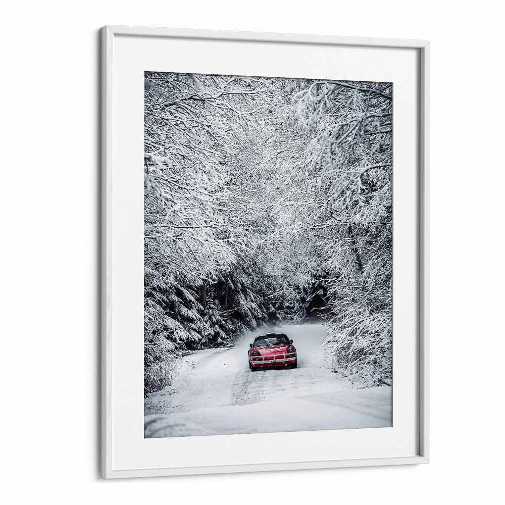 porsche in snow car poster in White Frame With Mount