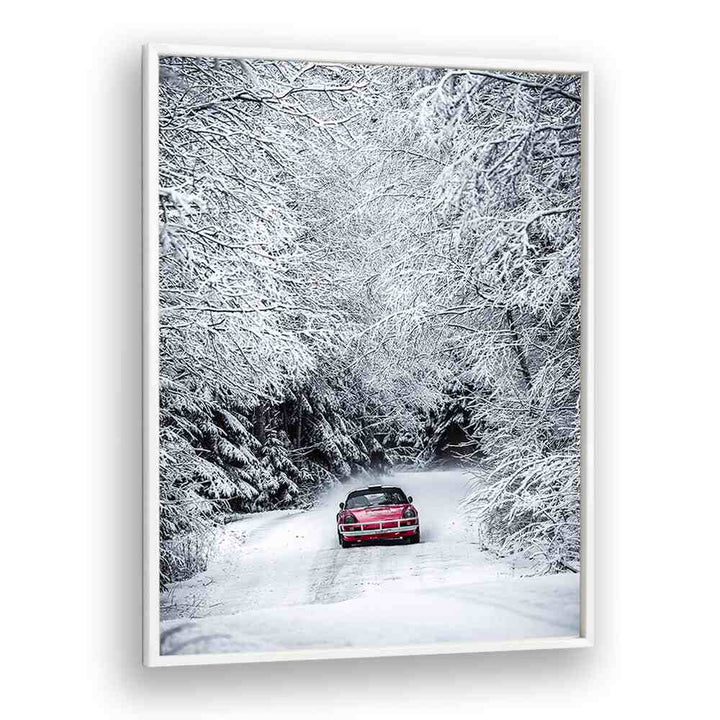 porsche in snow car poster in White Plain Frame