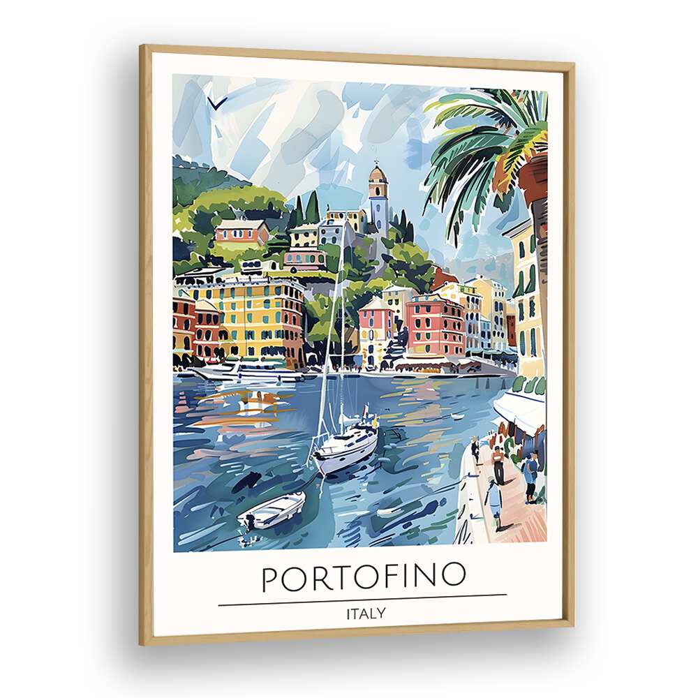 portofino-italy travel posters in Oak Wood Plain Frame