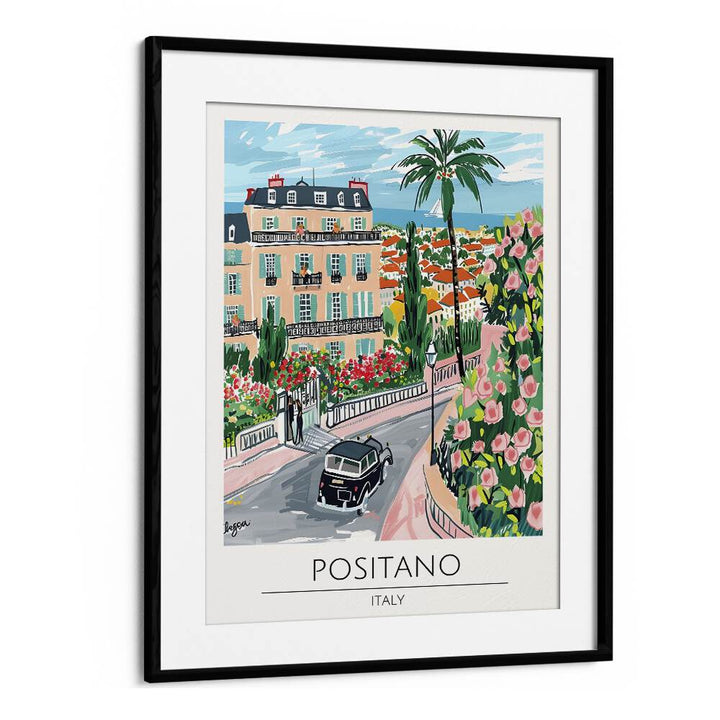 positano-italy travel posters in Black Frame With Mount