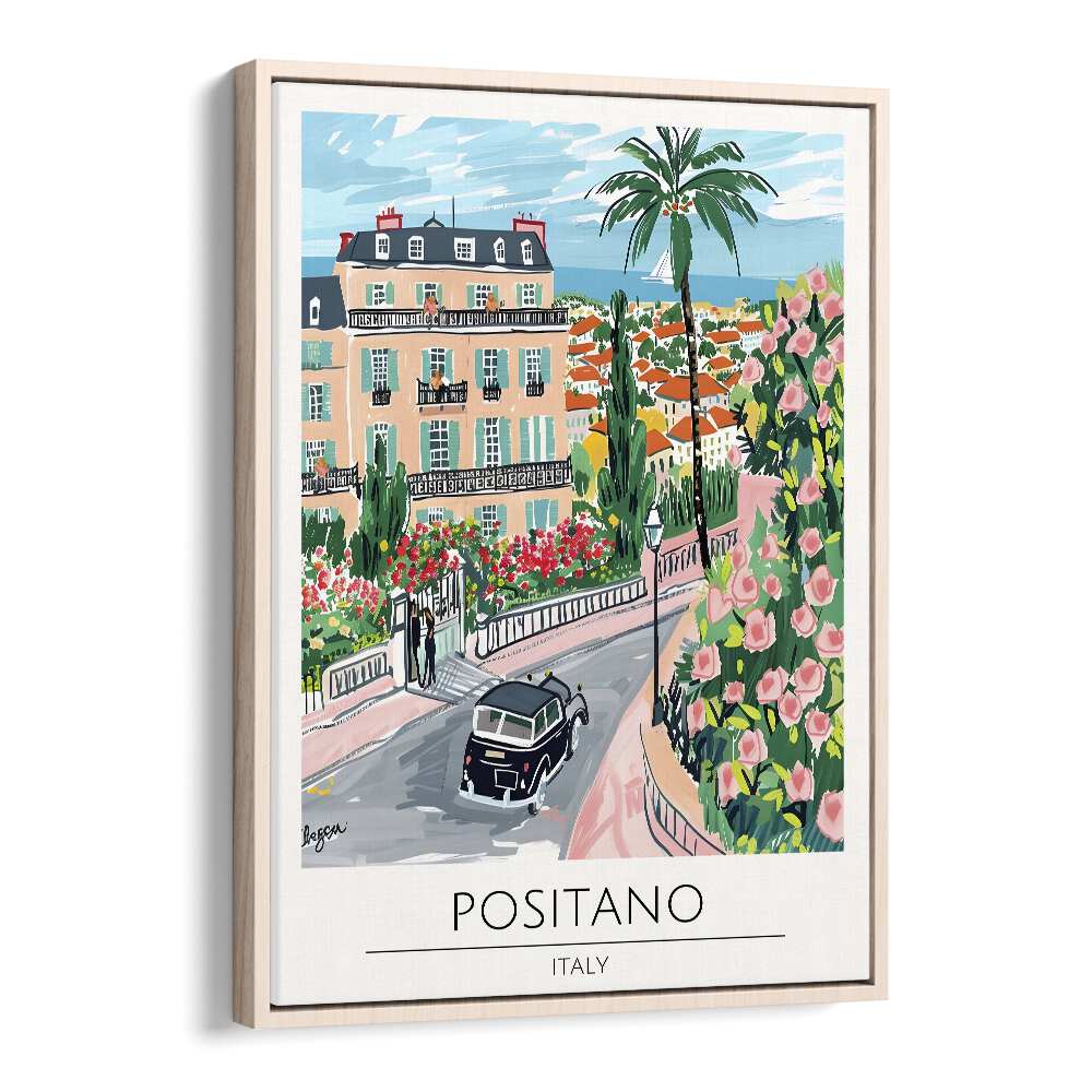 positano-italy travel posters in Oak Wood Floater Frame