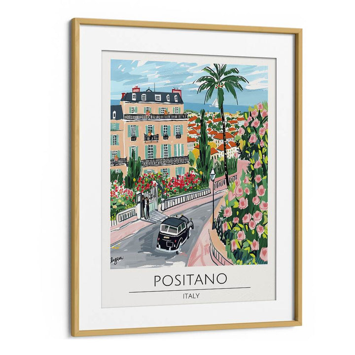 positano-italy travel posters in Oak Wood Frame With Mount